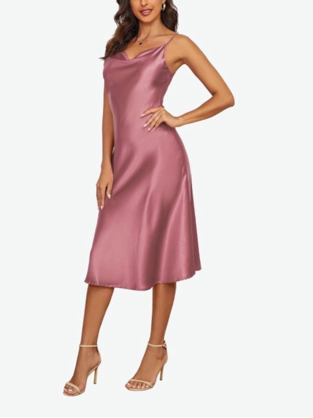 MOUEEY Women's Sleeveless Spaghetti Strap Satin Dress Pink Cowl Neck Midi XS